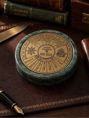 Vintage Marble & brass 40-Year Perpetual Desk Calendar | Nautical 3” Paperweight